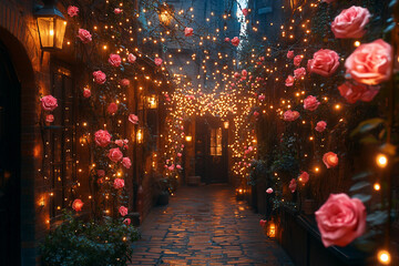 Obraz premium Romantic city street in spring with glowing lanterns and floral decorations on walls during evening, generative AI