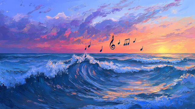A vivid painting of waves gently caressing the shoreline at dusk, with faint musical notes dissolving into the horizon, symbolizing the fading echo of an unvoiced tune. Fading Echo. Illustration