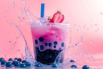 Colorful bubble tea with blueberries and strawberries splashing in a plastic cup with ice and blue straw.