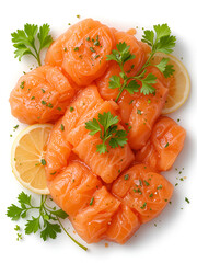 Fresh pieces of salmon with a parsley and lemon. Isolation on a transparent background.