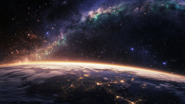 Beautiful view of Earth from space with a luminous Milky Way galaxy stretching across the starry sky. City lights glow beneath, showcasing cosmic beauty. Image made using Generative AI.
