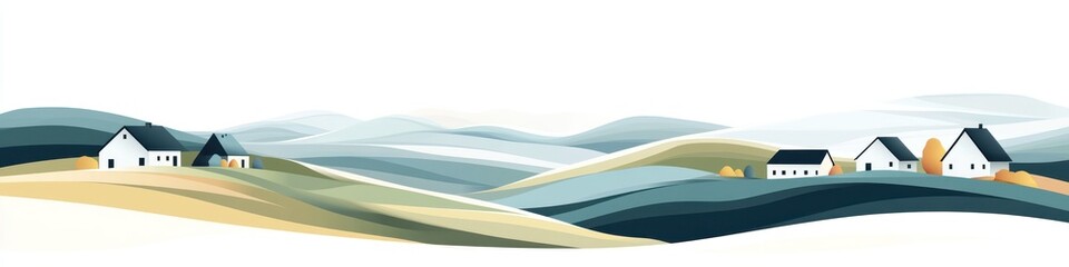 A modern, minimalist vector of rolling hills with geometric patterns in soft blues, greens, and yellows