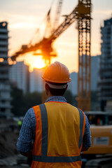 Construction worker overseeing a site at sunset, ensuring safety and progress with a hard hat and safety vest against the backdrop of cranes and city buildings.