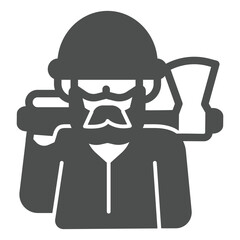 Forester man with beard face and axe solid icon, forest industry concept. Vector graphics. Wood worker avatar, logger sign on white background, glyph style icon for mobile or web design.