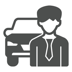 Young man with model car solid icon, automobile sales concept. Vector graphics. Car vehicle sale, customer sign on white background, glyph style icon for mobile or web design.