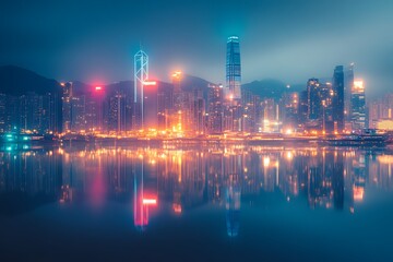 Fototapeta premium An urban skyline at twilight, with glowing city lights reflecting on a nearby river.