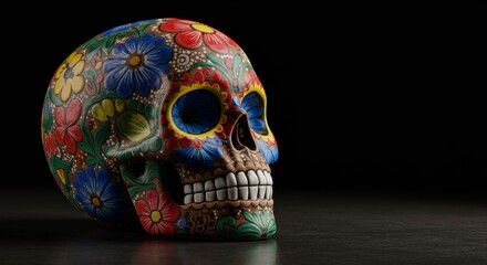Colorful Sugar Skull Decor - Vibrant sugar skull decoration, painted with flowers, perfect for Day of the Dead celebrations or unique home decor