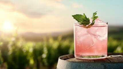 A vibrant cocktail garnished with mint sits on a wooden barrel in a picturesque vineyard, capturing the essence of summer relaxation and enjoyment of nature's beauty.