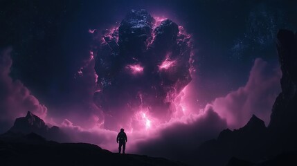 Fototapeta premium Astronaut encounters a giant creature on a distant alien planet during a foggy atmosphere
