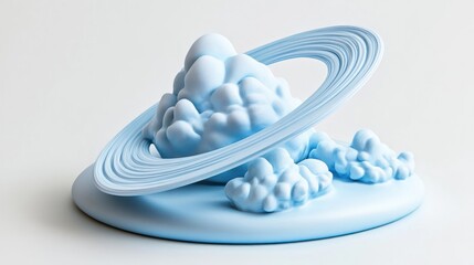 Abstract Sculpture Featuring Clouds and Rings in Soft Blue Tones