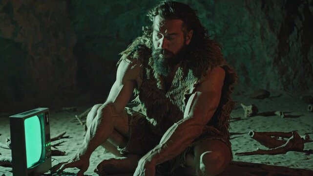 Caveman discovering old computer in his cave
