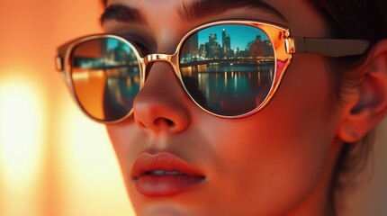 Dreamy young woman wearing sunglasses reflecting city skyline at dusk