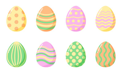 Set of colorful isolated easter eggs flat design with decoration patterns in simple style 