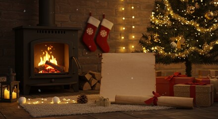 Cozy Christmas Fireplace Scene - A warm and inviting Christmas scene featuring a fireplace, Christmas tree, presents, and a blank scroll for your message