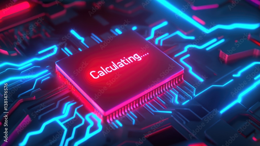 Poster high tech circuit board close up neon glow red processor calculating data processing technology