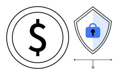 Coin with dollar sign and shield bearing a padlock suggests monetary protection. Ideal for concepts of financial security, investment safety, banking, cybersecurity, protection, insurance, savings