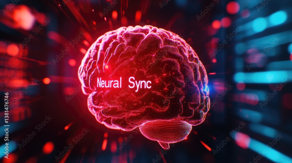 Poster digital brain neural network synchronization technology concept futuristic glowing red brain ai
