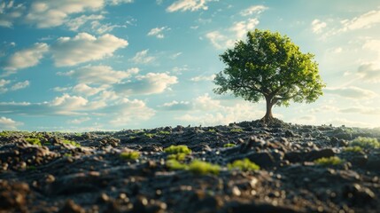 Growing green: A solitary tree thrives in a rocky landscape under a bright blue sky