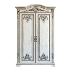 Classic wooden wardrobe with distressed white finish, ornate carvings, and double doors, perfect for vintage or shabby chic interiors.