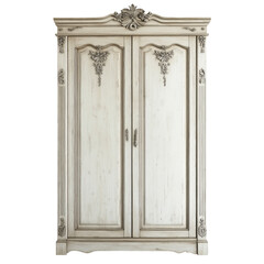 Classic wooden wardrobe with distressed white finish, ornate carvings, and double doors, perfect for vintage or shabby chic interiors.