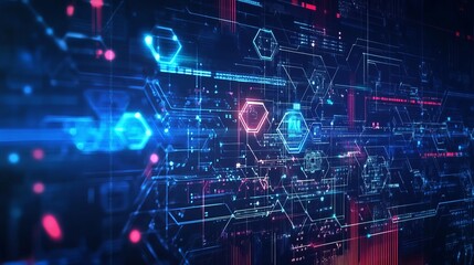 Obraz premium Abstract glowing network with hexagonal shapes and blue light lines on a dark background