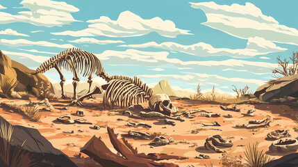 Exposed fossil bed containing the remains of various prehistoric creatures and plants. Empty Remains. Illustration