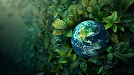 Earth embraced by lush green leaves symbolizes harmony between nature and the planet for a sustainable future