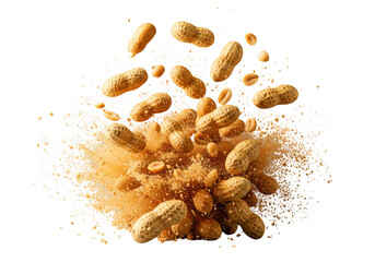 Peanuts explosion with shells and dust on transparent background