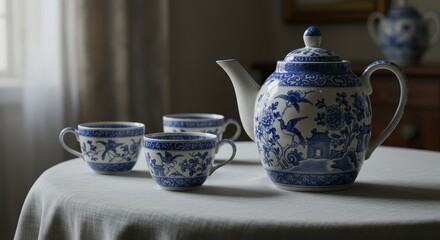 Blue and White Chinoiserie Tea Set with Birds and Flowers - Elegant blue and white porcelain tea set, featuring delicate floral and bird motifs in a classic Chinoiserie . Symbolizing serenity