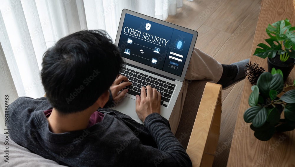 Poster cyber security system on computer screen protect private information snugly from hacker and cyber at