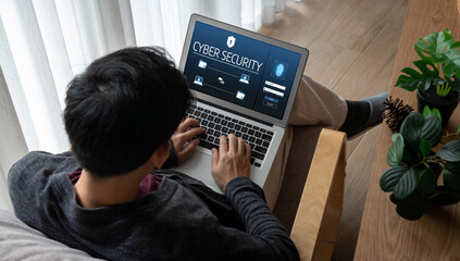 Cyber security system on computer screen protect private information snugly from hacker and cyber attack