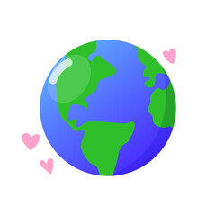 World illustration, The earth day concept, Planet earth vector graphic with pink hearts in simple style.