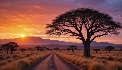 realistics remarkable landscape of Kenyan savanna at twilight, with its tranquil grandeur, embodies distant Mount Kilimanjaro, vast plains, and profound connection between land and sky
