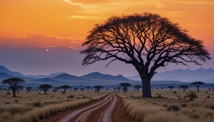 Obraz premium realistics remarkable landscape of Kenyan savanna at twilight, with its tranquil grandeur, embodies distant Mount Kilimanjaro, vast plains, and profound connection between land and sky