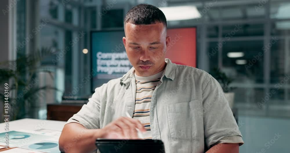 Aufkleber man, tablet and typing at night, office and review, and program for employee health at startup. pers