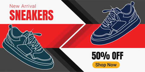 Creative banner for sneaker brand. Sneakers in abstract background. Shoes sale banner for social media post. Shoe on sale slider for e-commerce, websites or social media. Readymade banner
