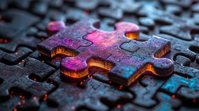 A vibrant mosaic of digital puzzle pieces, each glowing with a soft, inner light, connected in a seamless network, symbolizing the power of connectivity and technological innovation in overcoming 