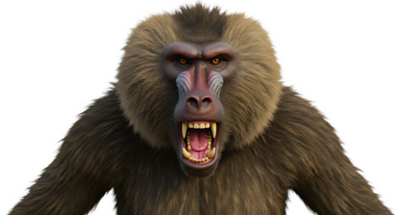 Aggressive baboon growling with sharp teeth showing against a white background