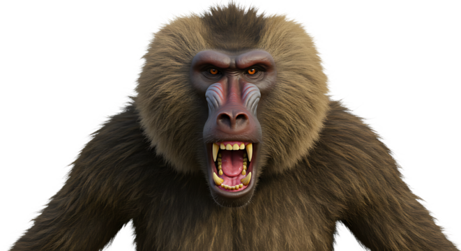 Aggressive baboon growling with sharp teeth showing against a white background