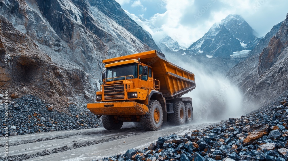 Leinwandbilder A dumper truck navigates a winding path in a quarry, moving extracted minerals amidst towering mountains, demonstrating the scale and power of mining operations.