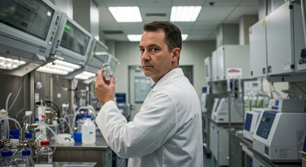 Male Scientist in Modern Lab Holding Sample - A male scientist in a white lab coat examines a sample vial, showcasing scientific research, innovation, discovery, and laboratory technology