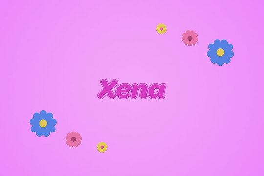 Xena female girl name illustration in pink with blossoms, flowers