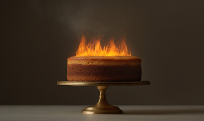 Flaming Cake: A dramatic presentation of a simple cake on a pedestal, consumed by bright orange flames against a dark backdrop. A surreal twist on dessert.
