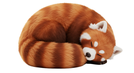 Sleeping Red Panda Curled Up on a White Background in Studio