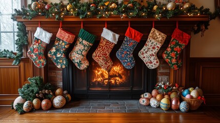 A fireplace with Christmas stockings, Easter decorations, and a New Year's hat.