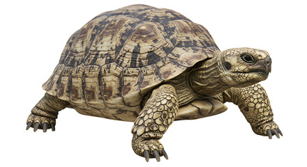Fototapeta premium Leopard Tortoise Walking Isolated on White Background Reptile Close-Up Studio Shot