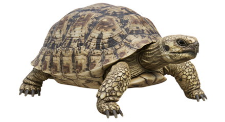 Leopard Tortoise Walking Isolated on White Background Reptile Close-Up Studio Shot
