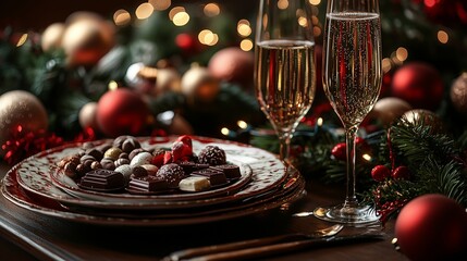 A festive Christmas table setting with Easter chocolate and New Year's champagne.