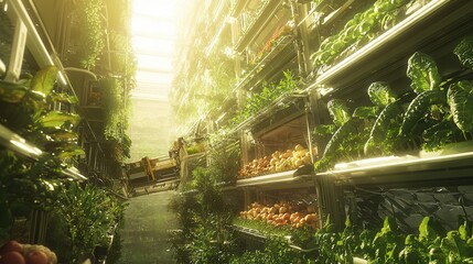 An industrial-grade harvester moving up and down inside a towering vertical farm, collecting fruits and vegetables