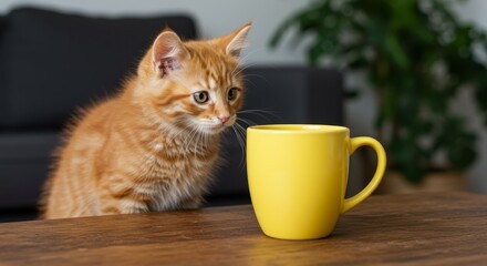 Ginger Kitten and Yellow Mug - A curious ginger kitten gazes at a yellow mug on a wooden table, symbolizing companionship, warmth, homeliness, curiosity, and everyday life